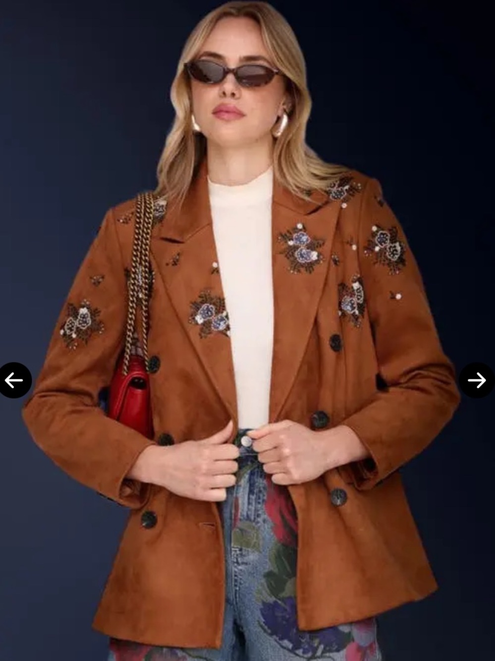 Avec Les Filles Embellished Brown Suede Double-Breasted Blazer